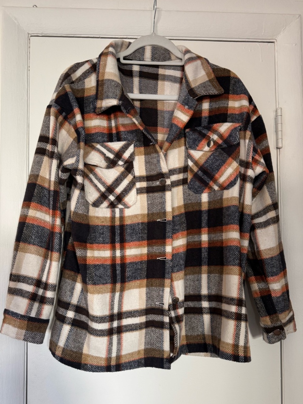 Plaid Button-Front Shacket Jacket - Cream, Black & Brown